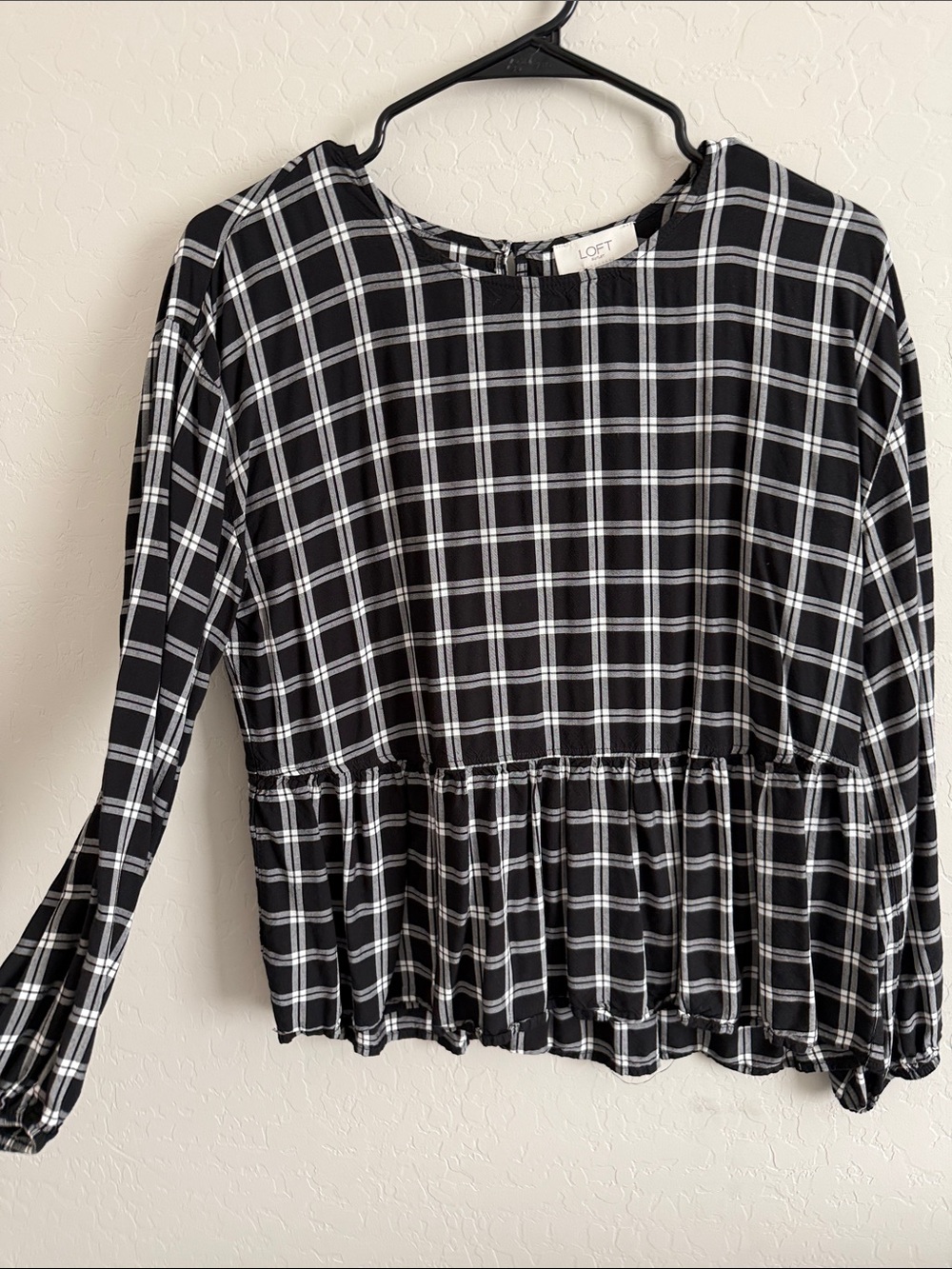 LOFT Black & White Plaid Peplum Long-Sleeve Top